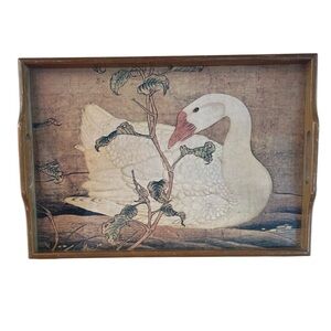 Wooden vintage serving tray metal engraved corners goose motif